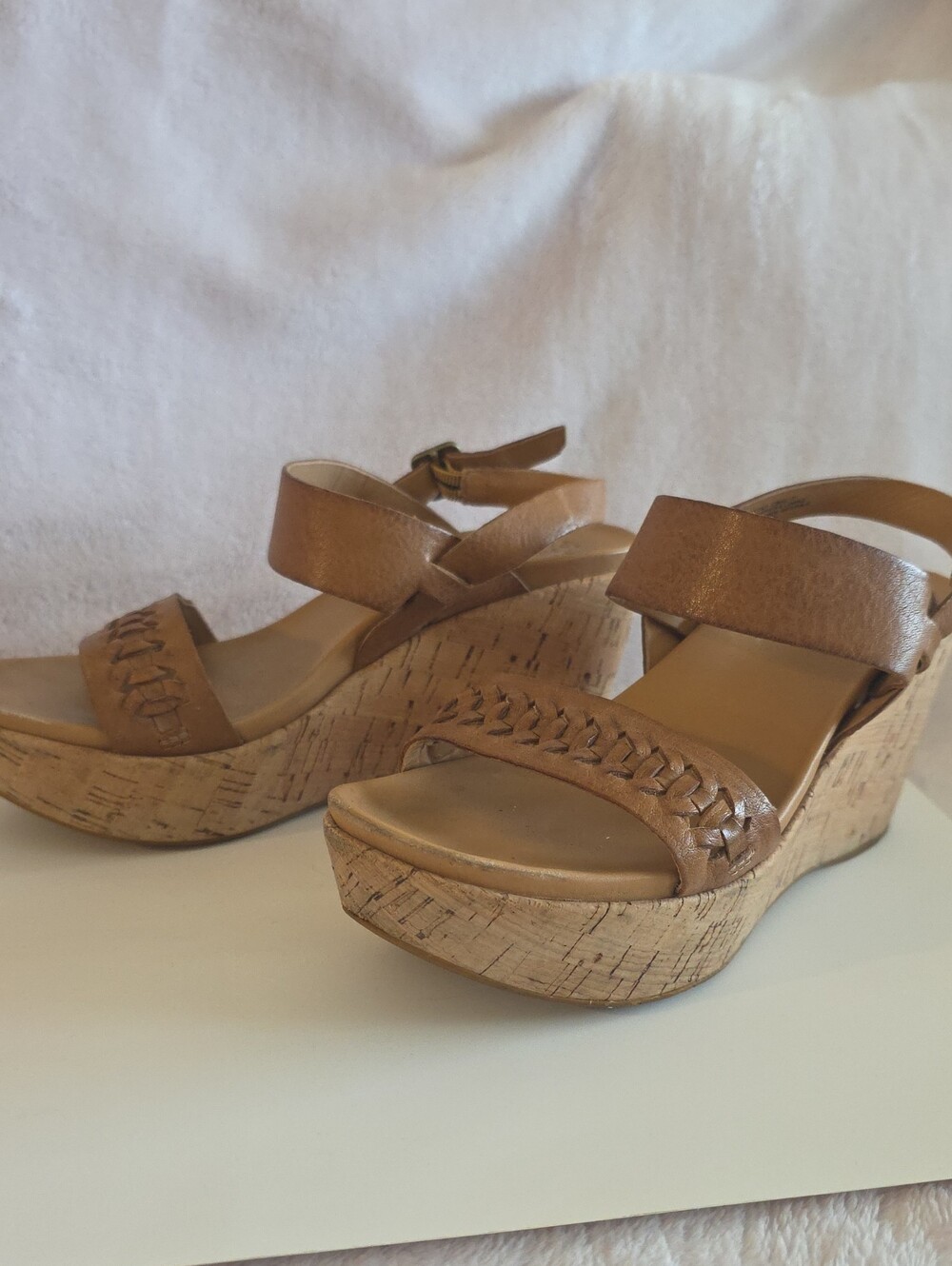Womenโs Tan Leather Wedge Sandals - Stylish Braided Strap Design
